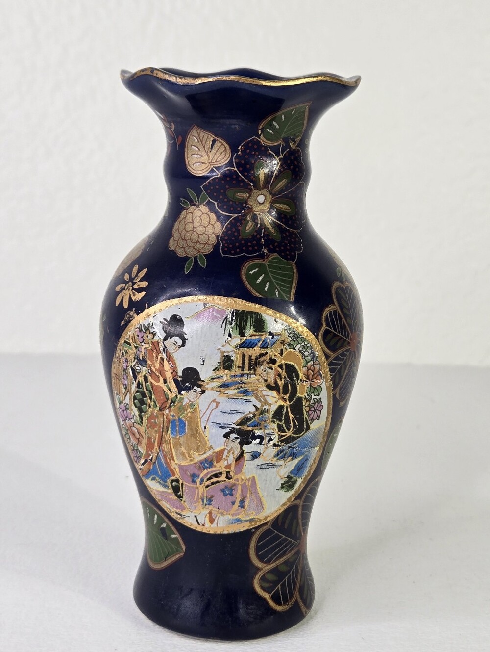 VTG Japanese Satsuma Style Vase Cobalt Blue Gold Hand Painted Geisha Moriage‎ - Picture 4 of 17